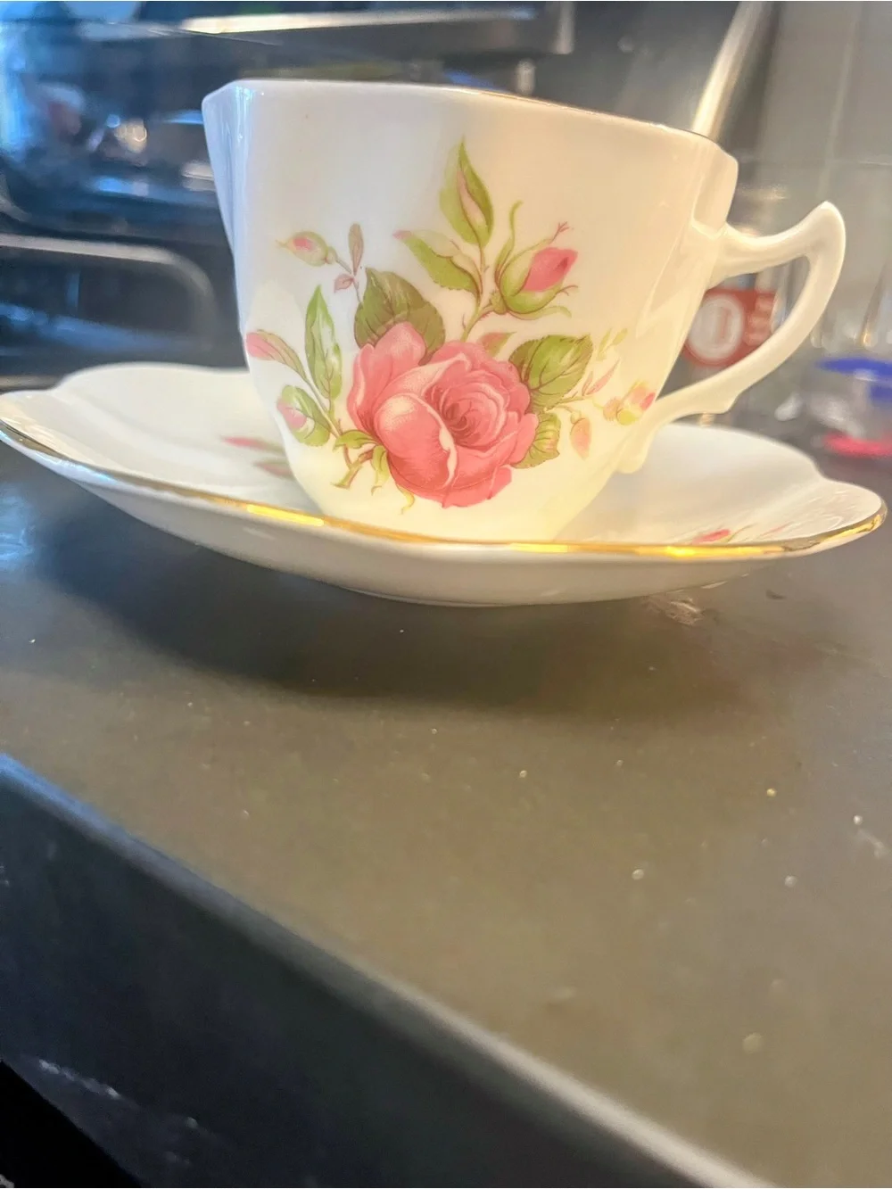 Porcelain Tea Cup & Saucer Set with Pink Rose Design and Gold Trim
